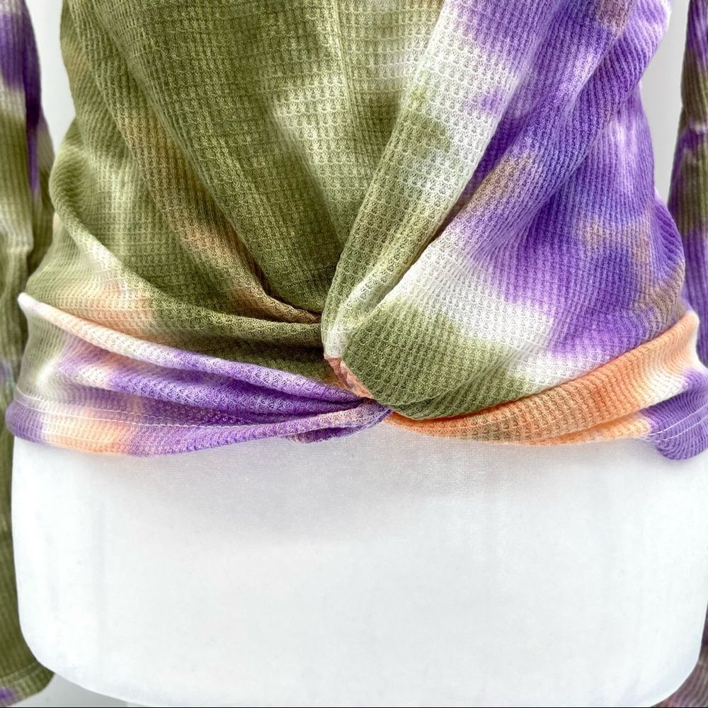 LUSH Women's Crop Top Long Sleeve Peach and Olive Tie-Dye Twist small - Picture 3 of 6
